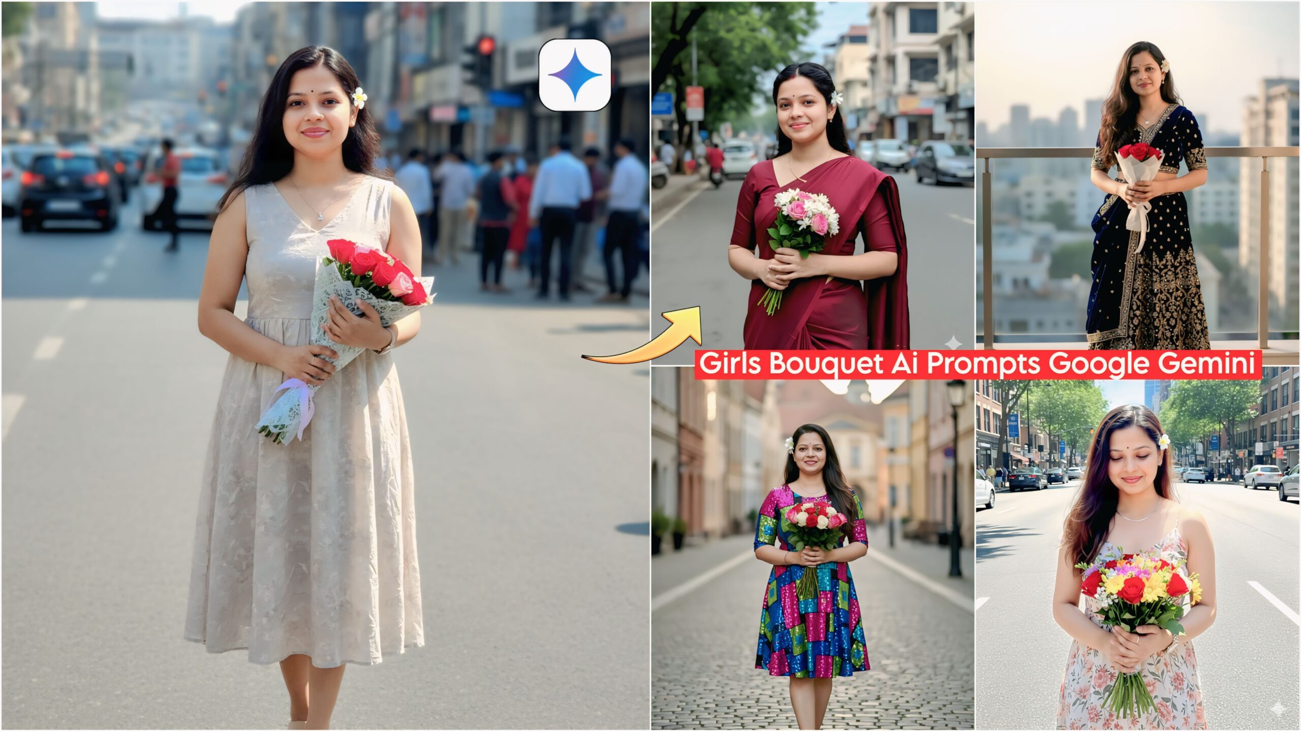 Google Gemini Retro Indian Girls Bouquet Ai Photo Editing Prompts With 100% Real Face