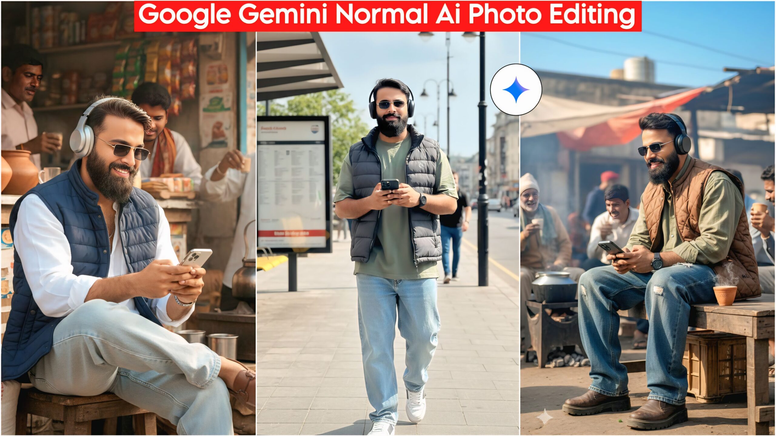 Using Mobile With Headphones Ai Photo Editing Prompts, Gemini 100% Face Match