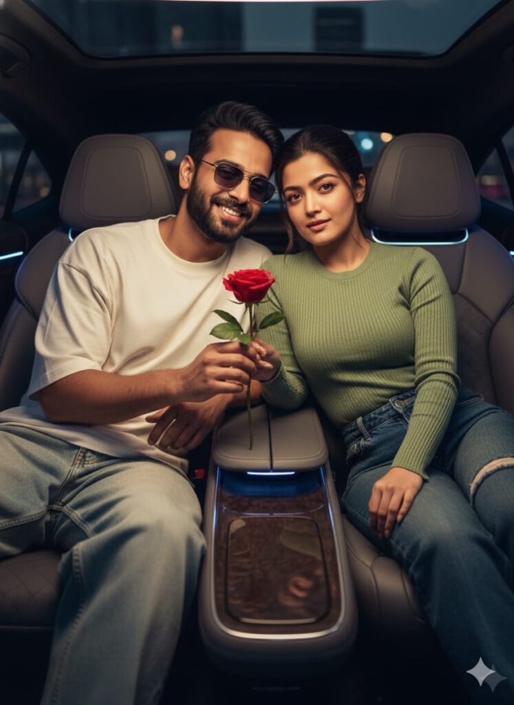 A stylish young couple sitting inside a modern car, the man smiling while holding a red rose and looking at the camera, while the woman sits beside him with a thoughtful expression. Both are dressed casually, with soft lighting highlighting the car's interior.